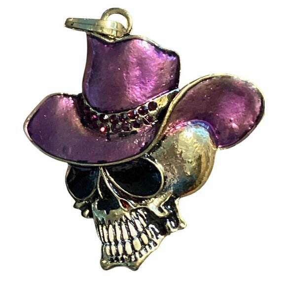 Purple Cowboy Hat Skull Pendant Necklace Charm Gold Tone Metal Rhinestone Accent - Picture 2 of 10